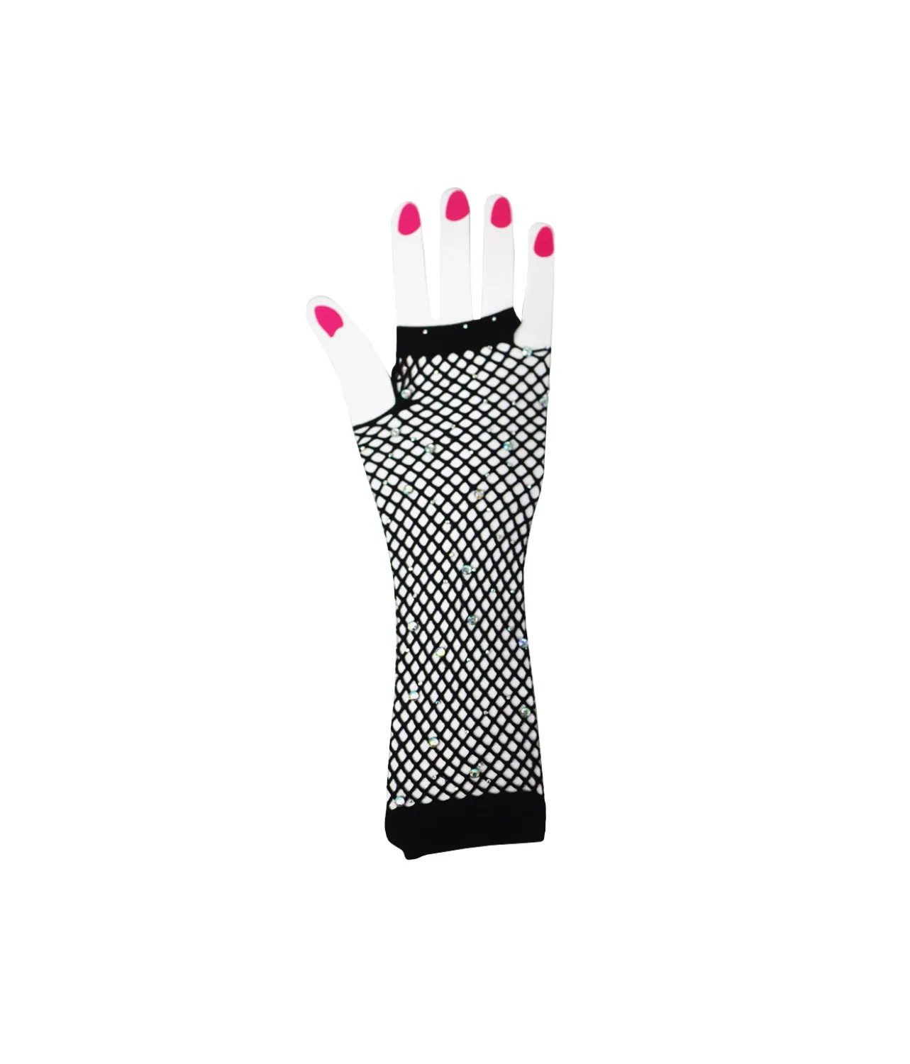 Black Fishnet Long Gloves With Crystals