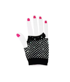Black Fishnet Short Gloves With Crystals
