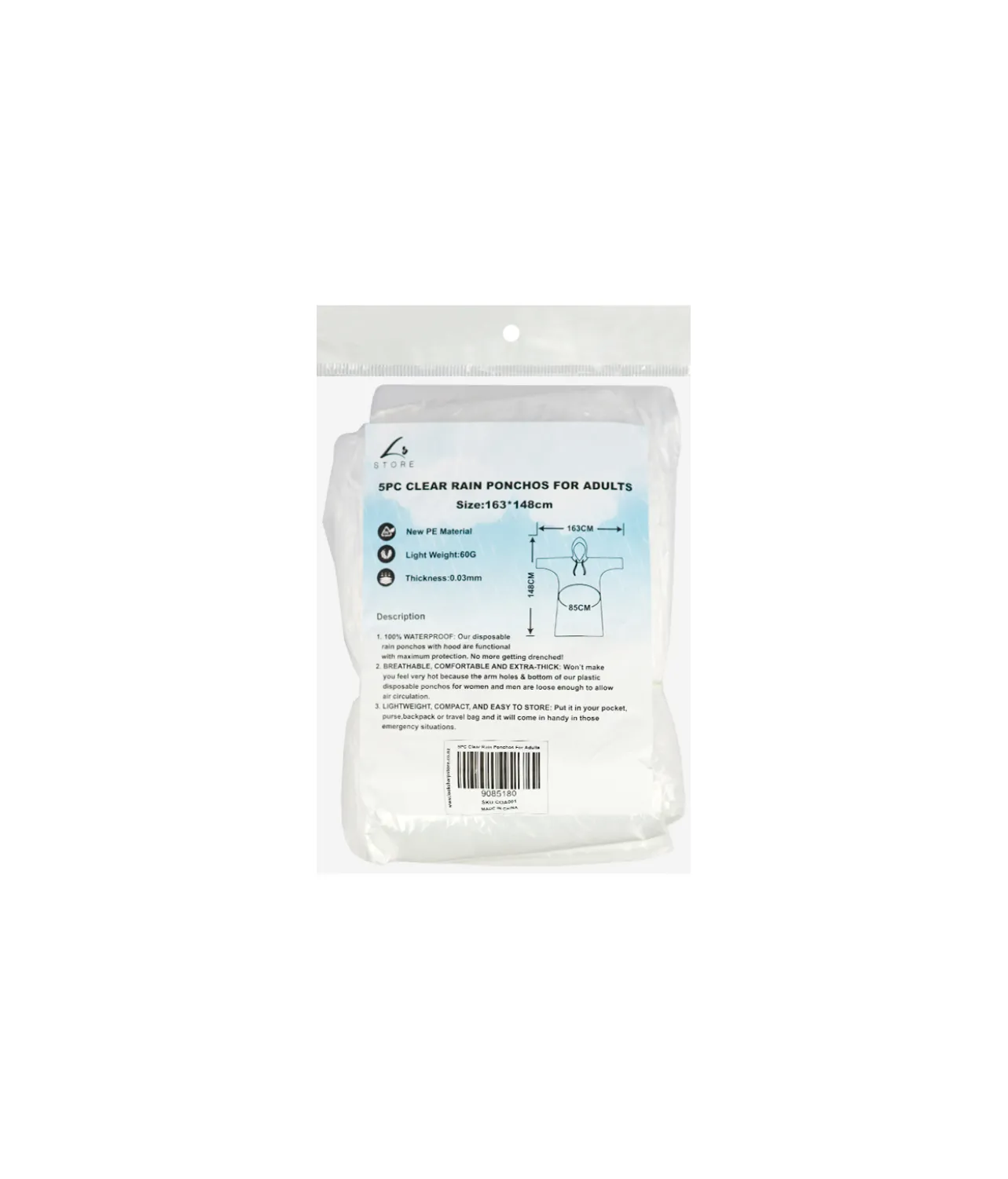 Clear Adults Rain Poncho 163cm 5pk