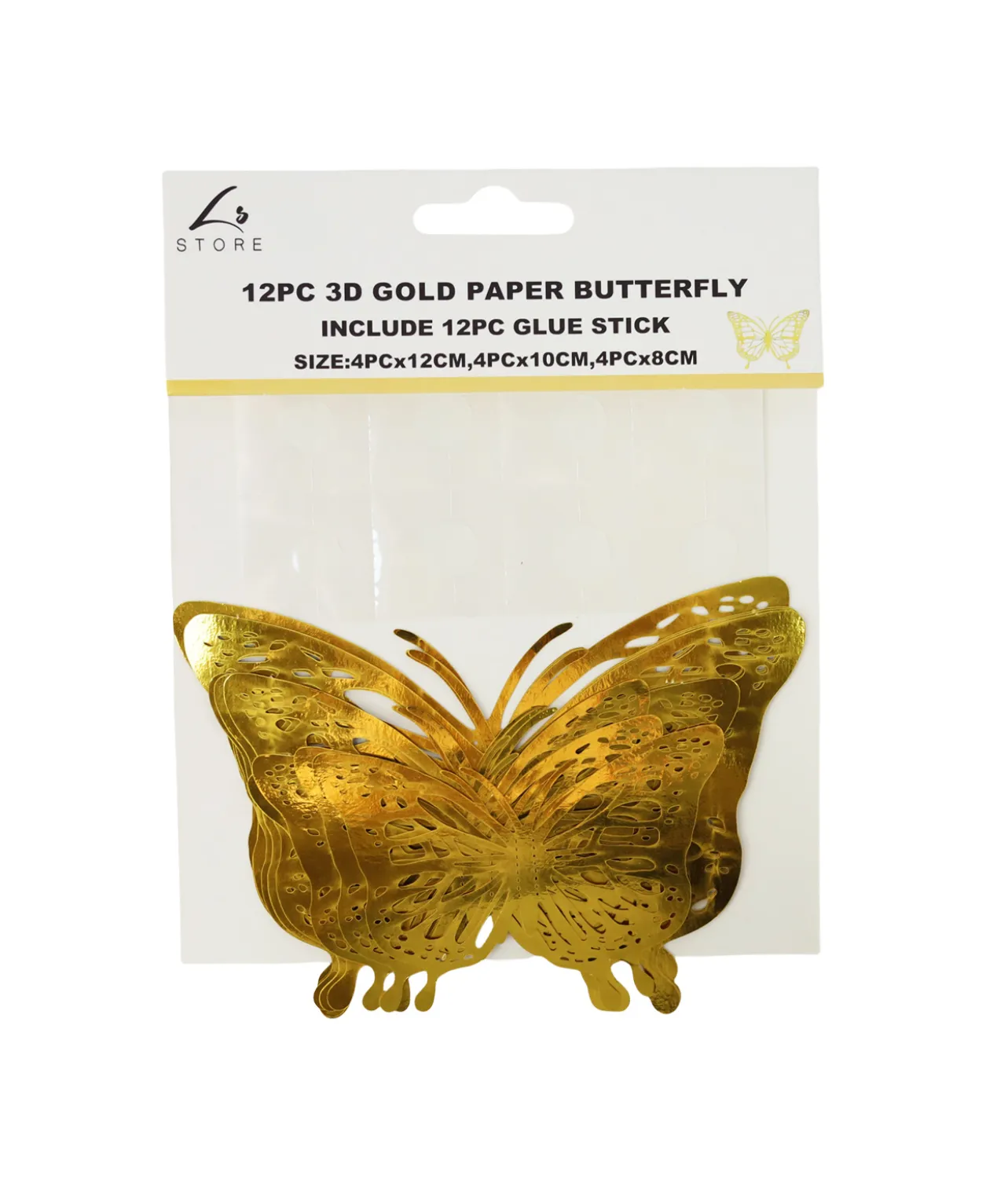 Gold 3D Paper Butterfly with Glue 12pc