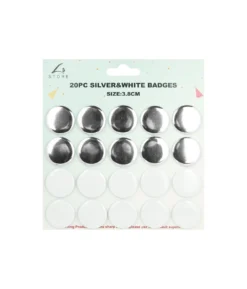 Silver & White Badges 3.8cm 20pk